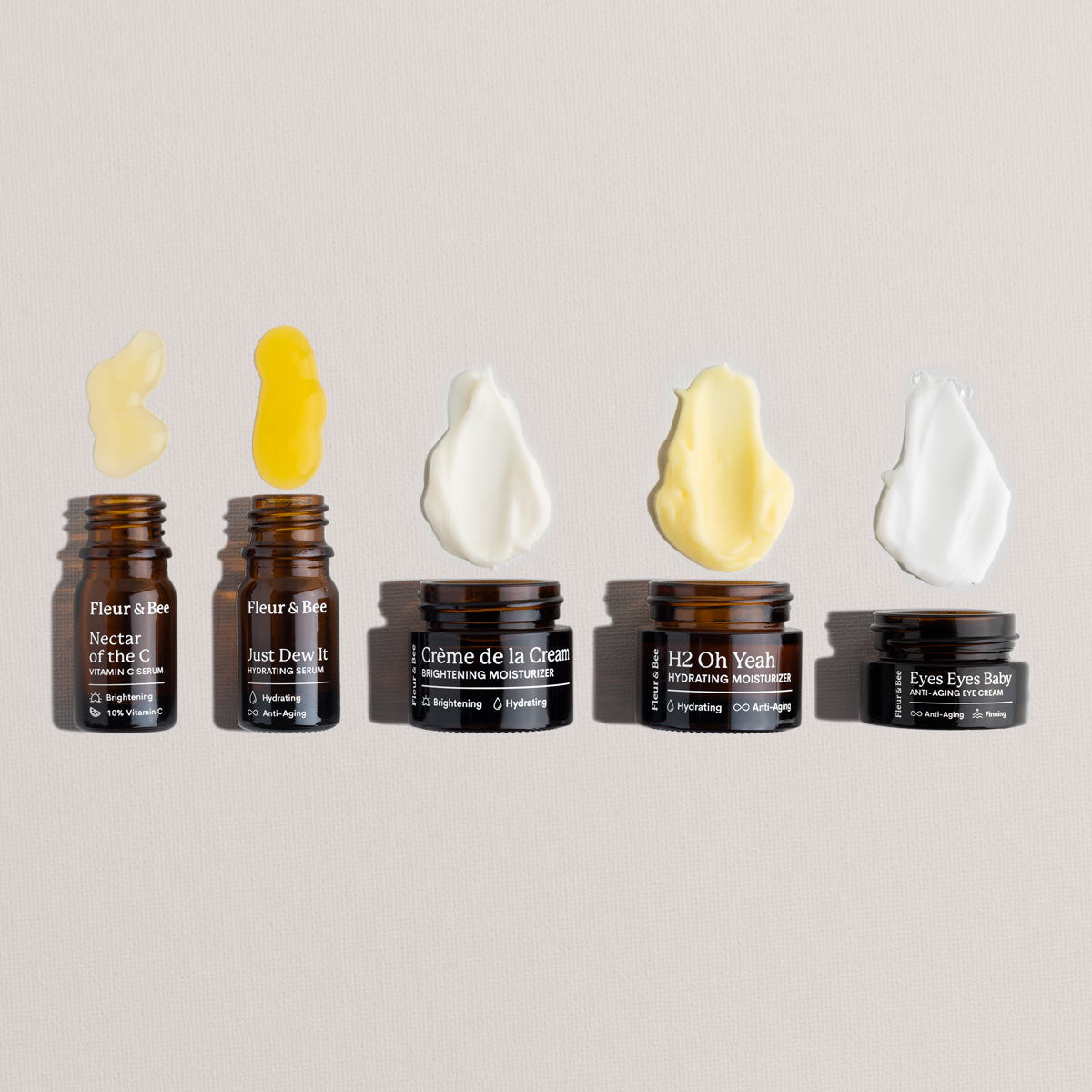 textures of the products included in fleur & bee's skincare discovery set