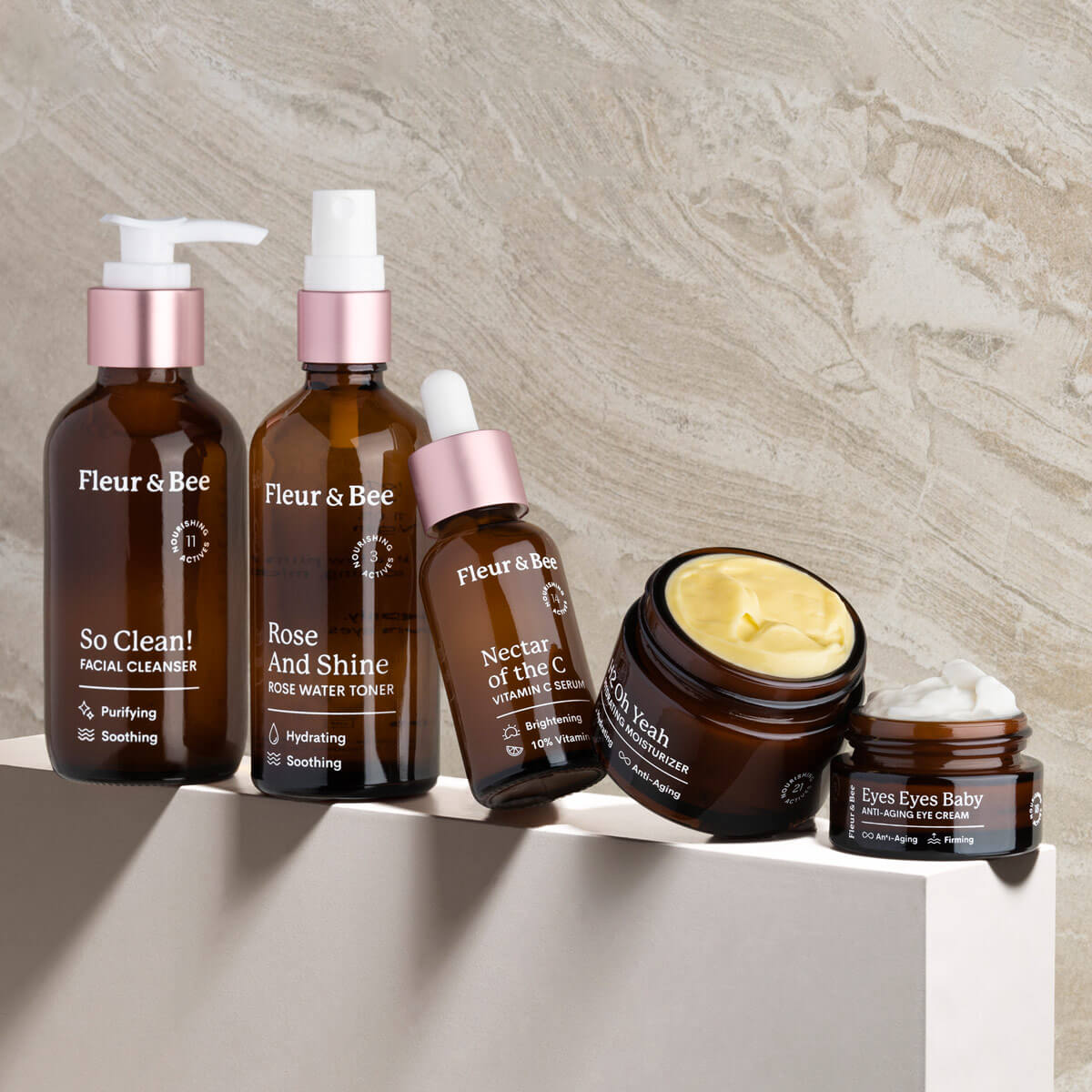 Fleur & Bee Deluxe Set 5-Step Skincare Routine showing all products