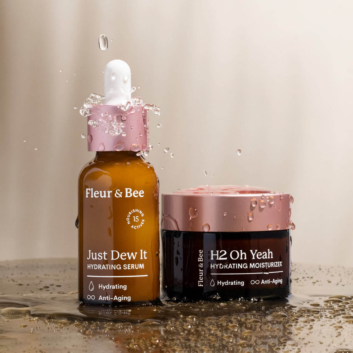 hydrating serum and hydrating moisturizer shown in a wet environment