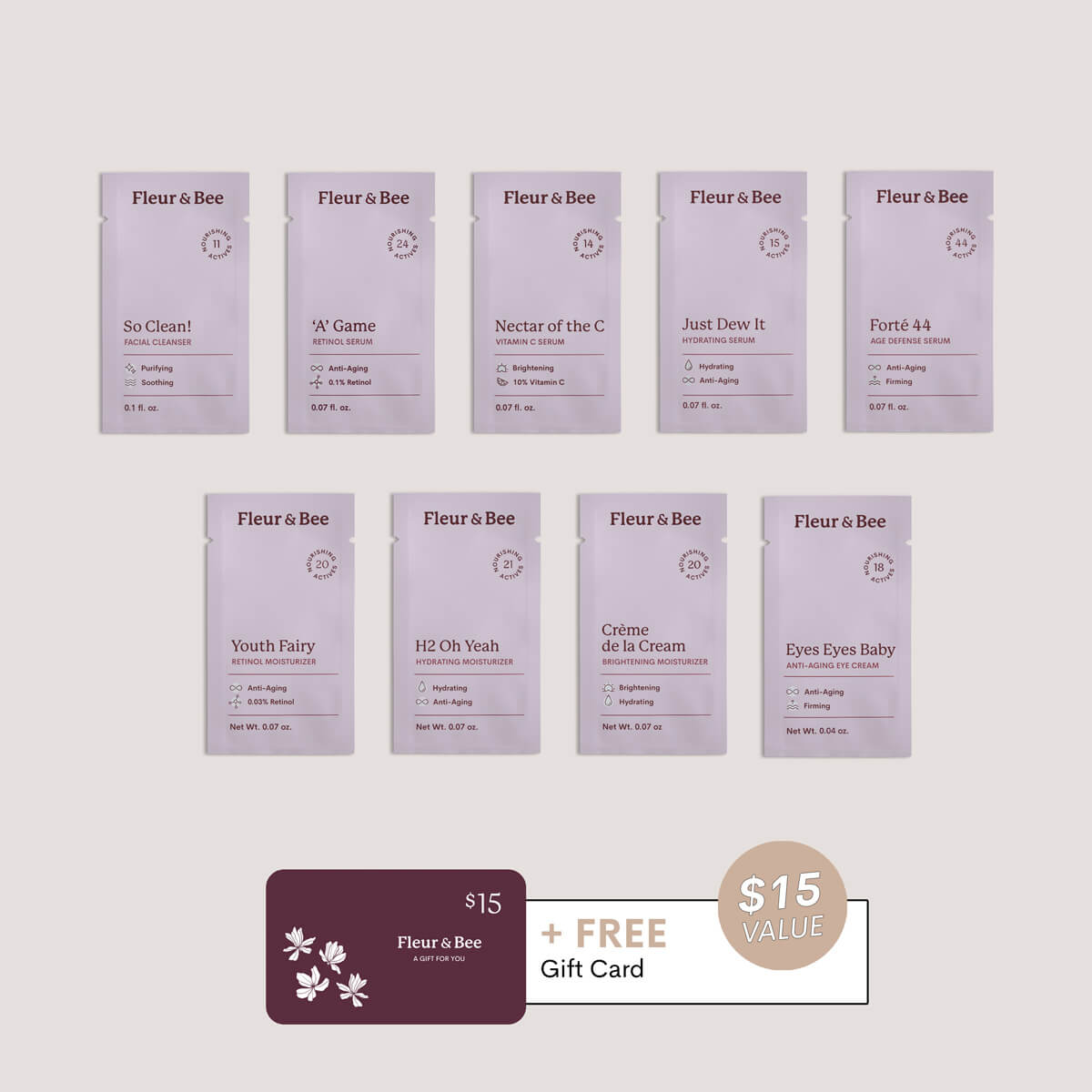 Set of Fleur & Bee skincare product packages on a light gray background with a $15 gift card offer.