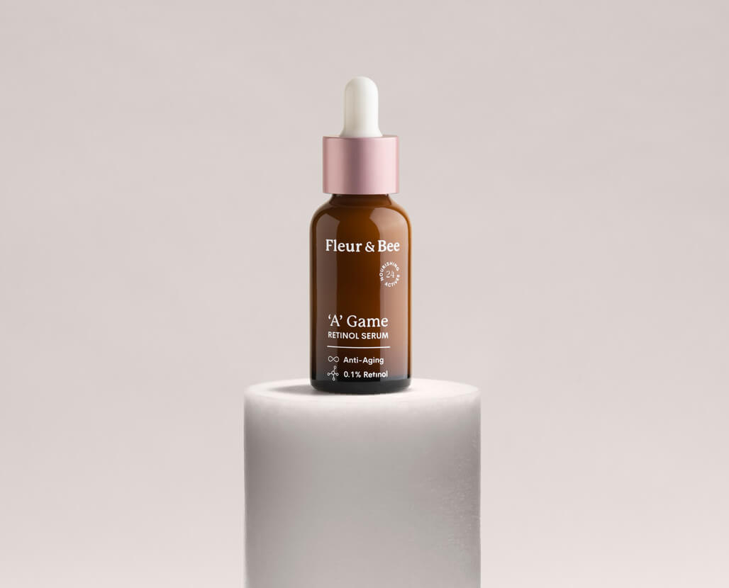 an award-winning vegan retinol serum on a pedestal
