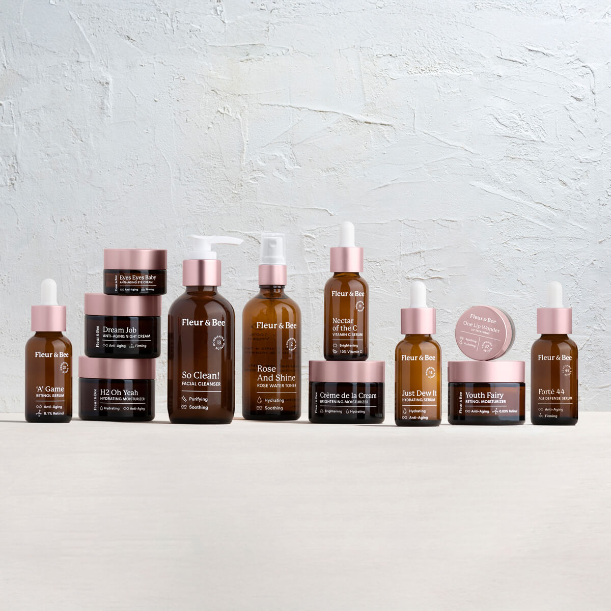 a line up of all Fleur & Bee skincare products