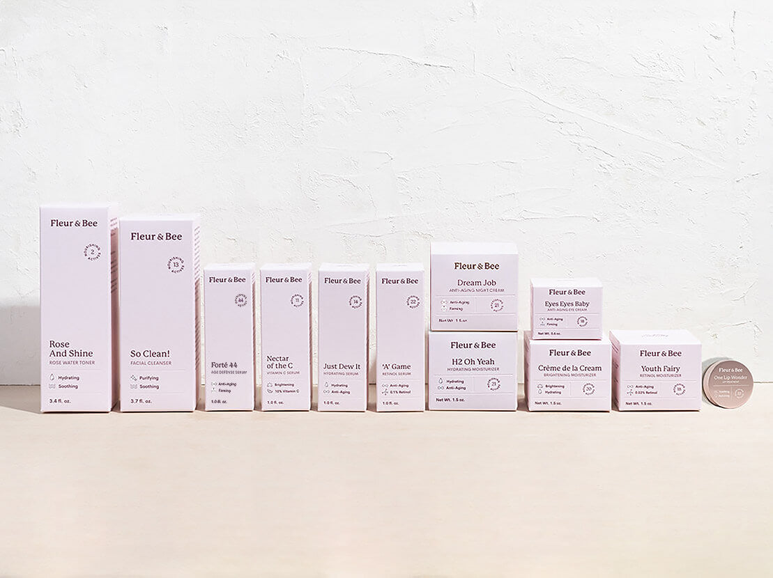 Row of 'Flour & Bee' product boxes on a light background