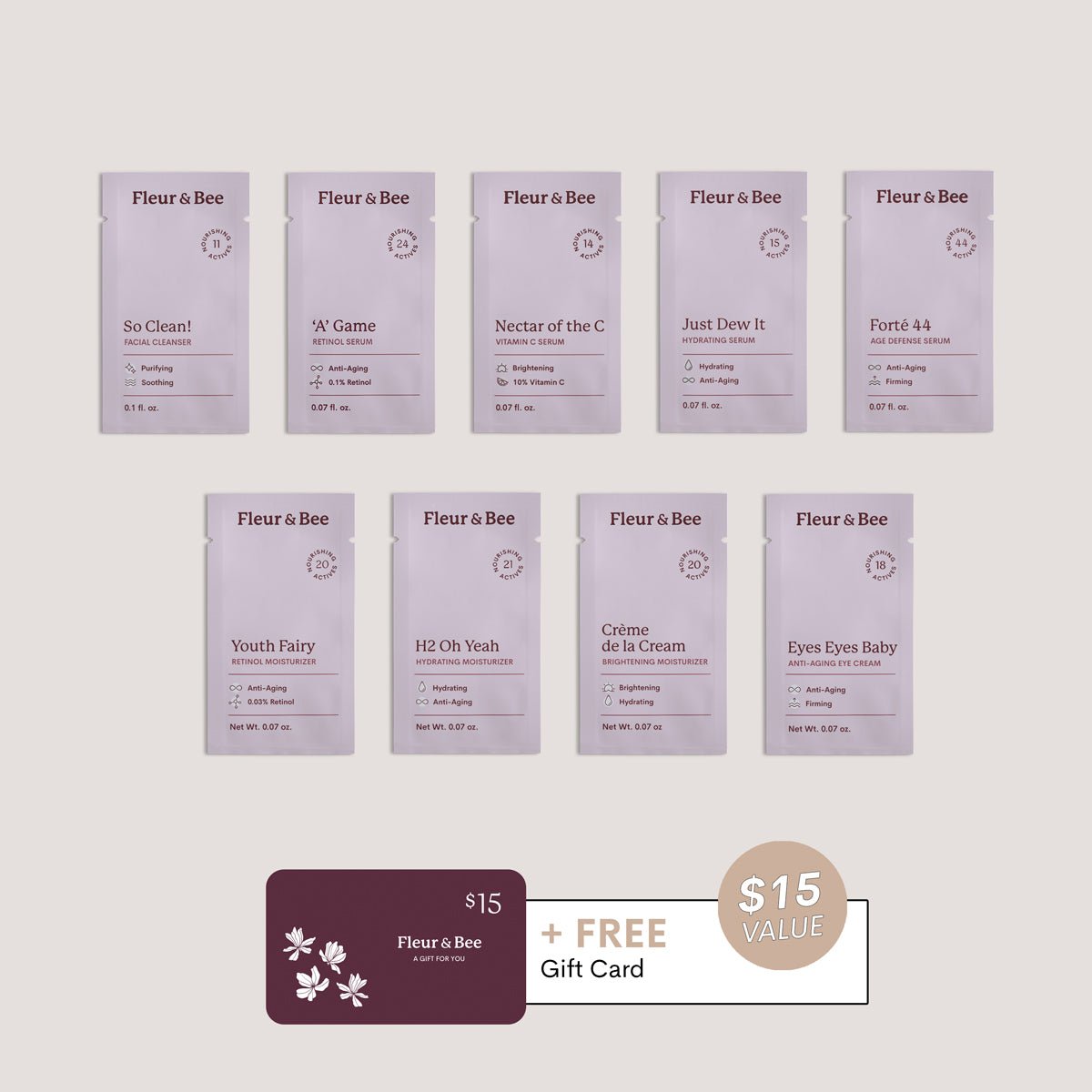 Set of Fleur & Bee skincare product packages on a light gray background with a $15 gift card offer.