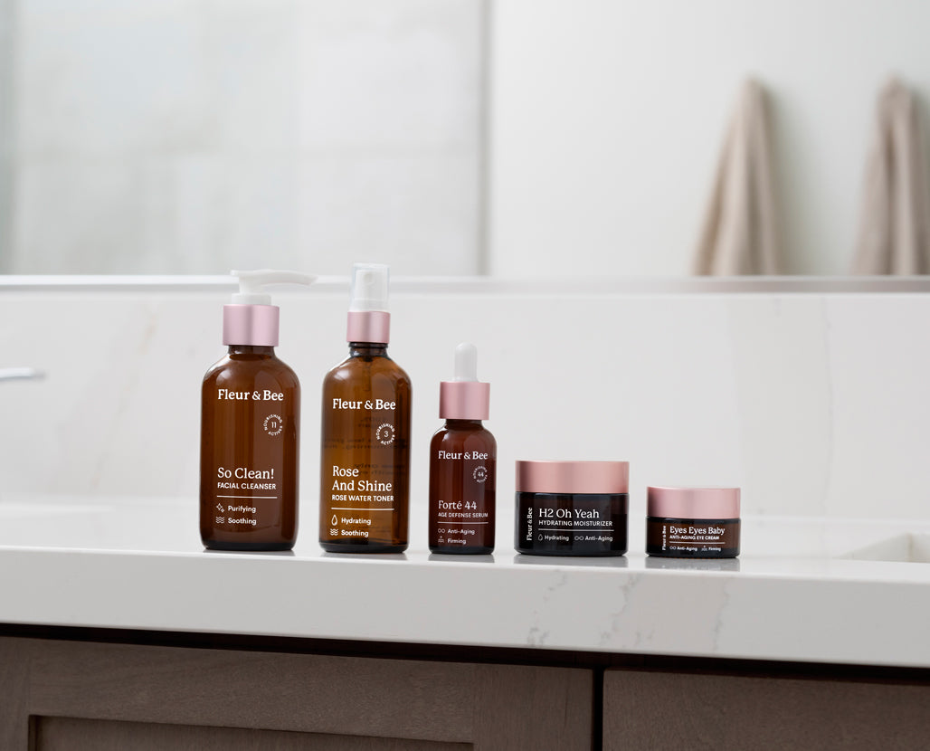 Set of skincare products in a bathroom