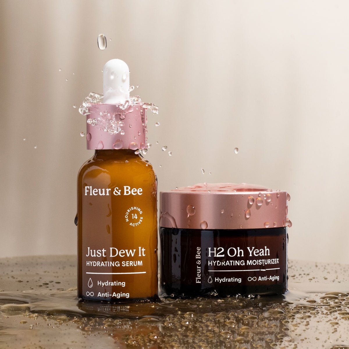 hydrating serum and hydrating moisturizer shown in a wet environment