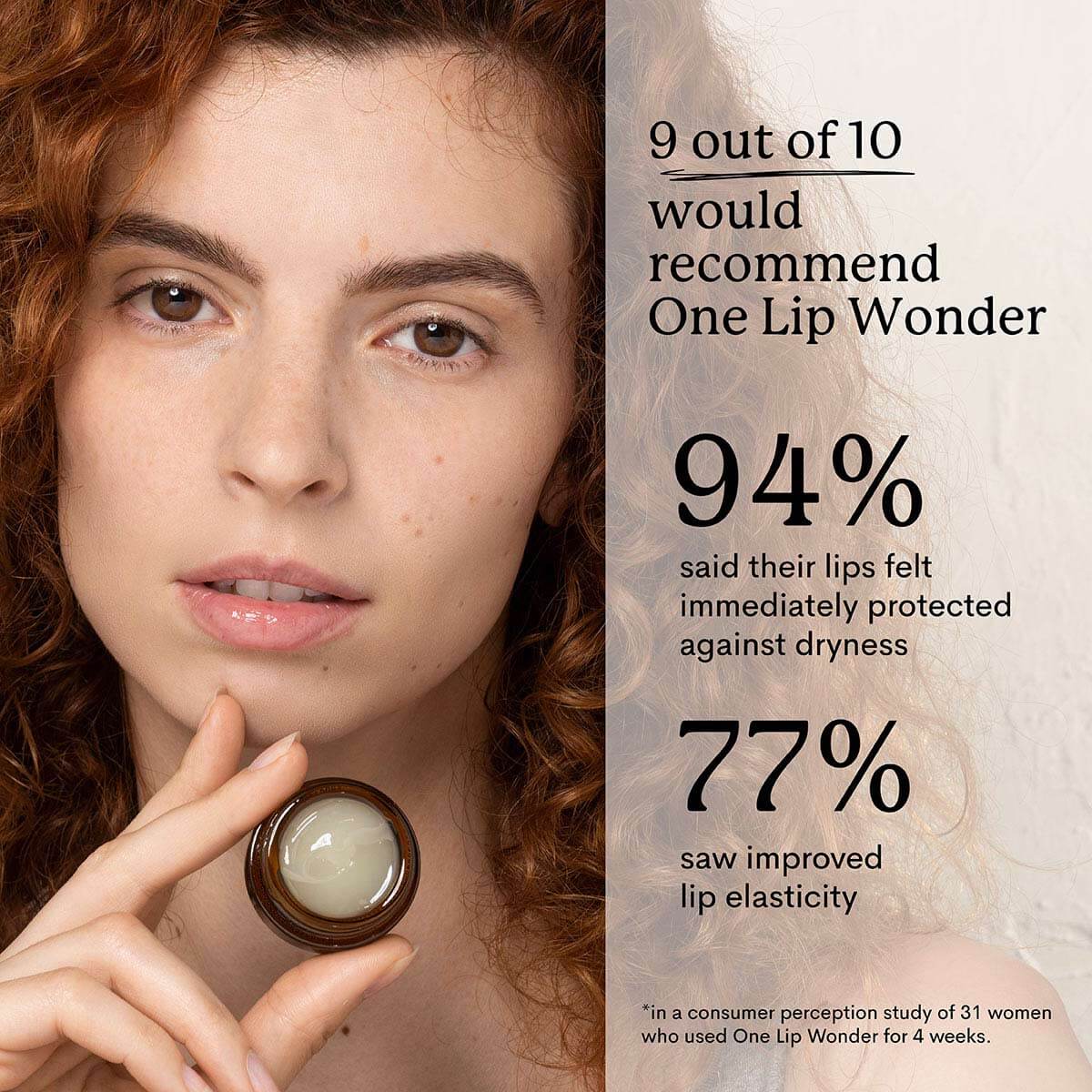 woman holding up lip treatment and stat showing 9 out of 10 would recommend One Lip Wonder